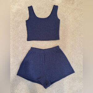 Navy Blue Crinkle Knit Tank and Shorts Set